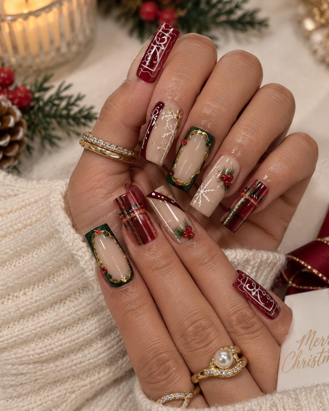 Burgundy Plaid Christmas Nails with White Snowflakes and Holly Details