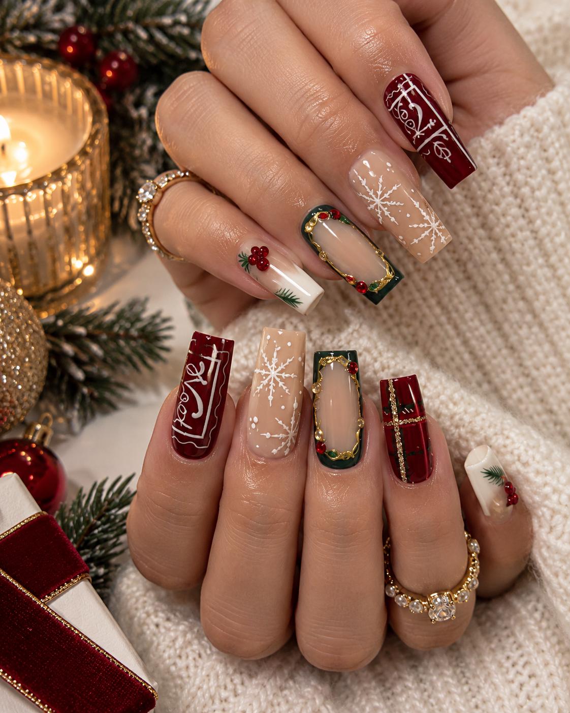 Burgundy Plaid Christmas Nails with White Snowflakes and Holly Details