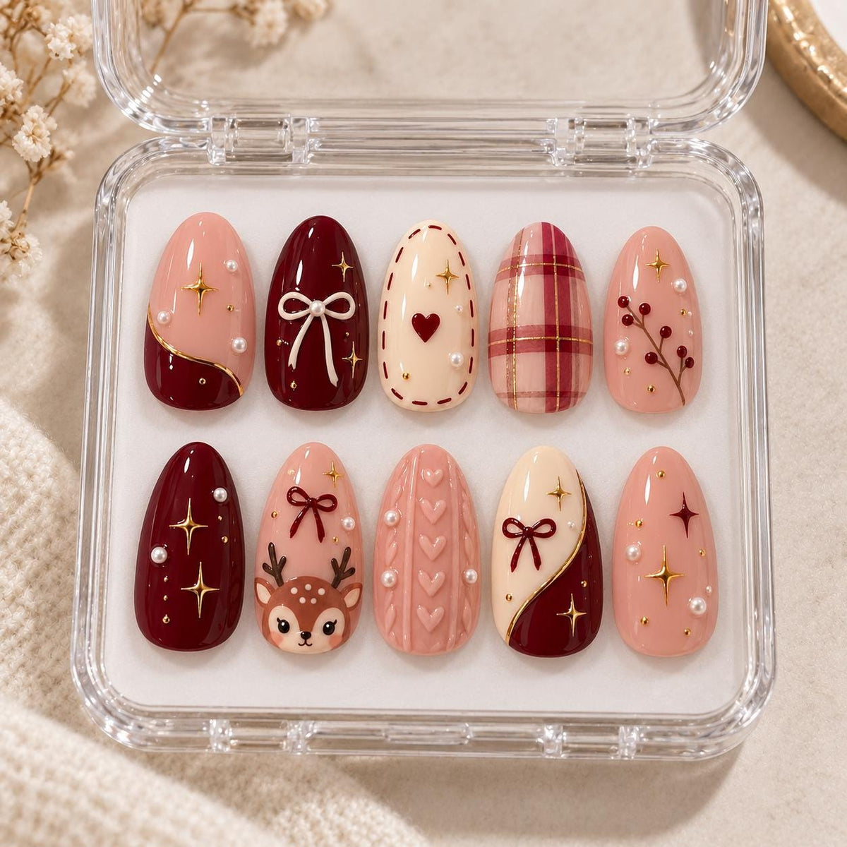 Burgundy Plaid Reindeer Christmas Nails with Bows, Hearts and Gold Details