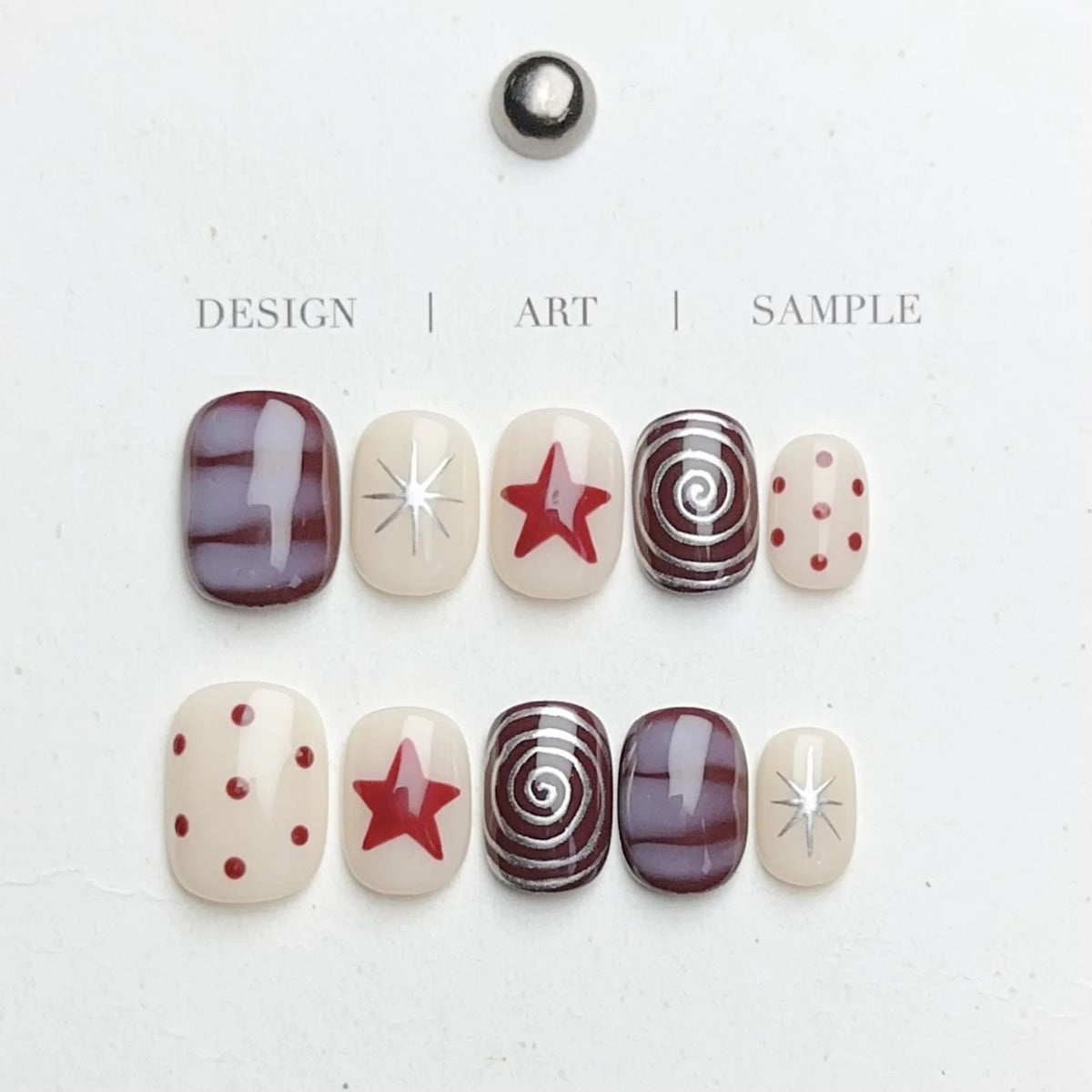 Burgundy Plaid, Star and Dot Nail Set with Silver Accents