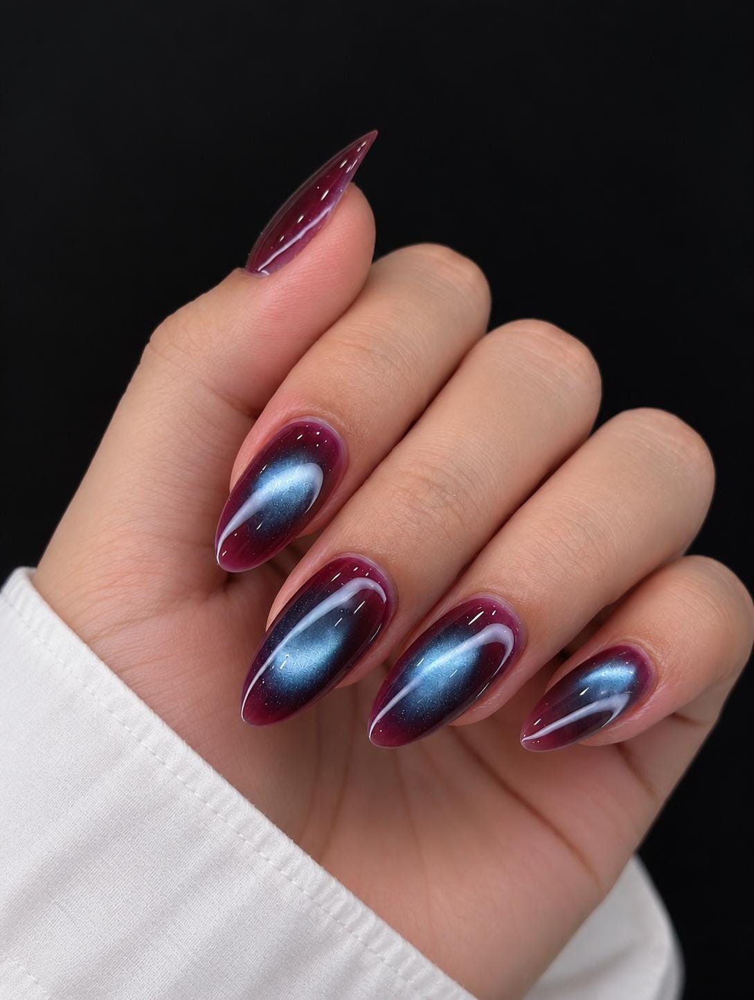 Burgundy Plum and Blue Cat Eye Press On Nails