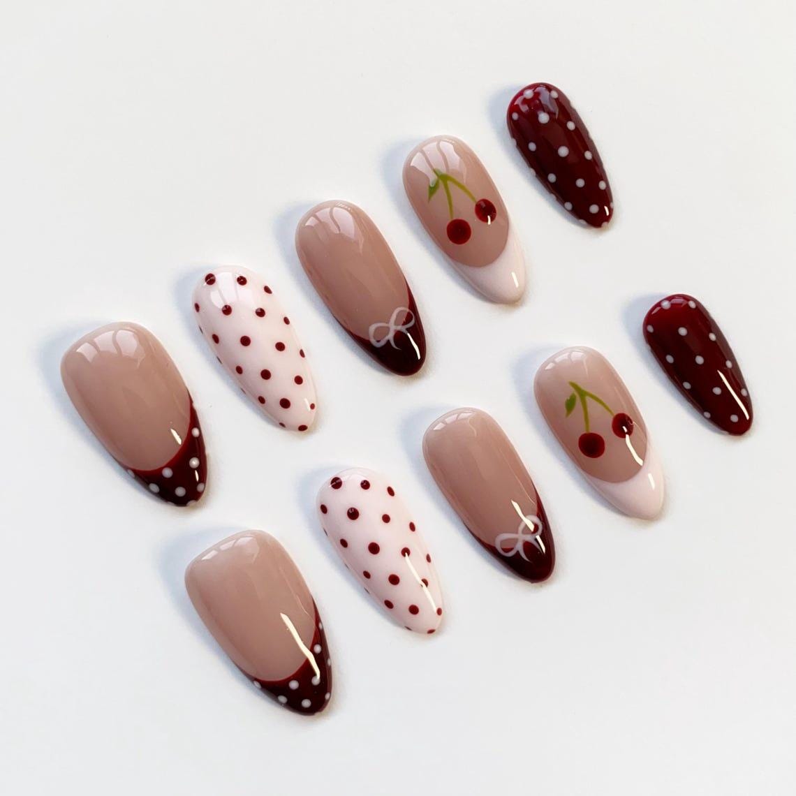 Burgundy Polka Dot, Cherry and Bow Nail Set