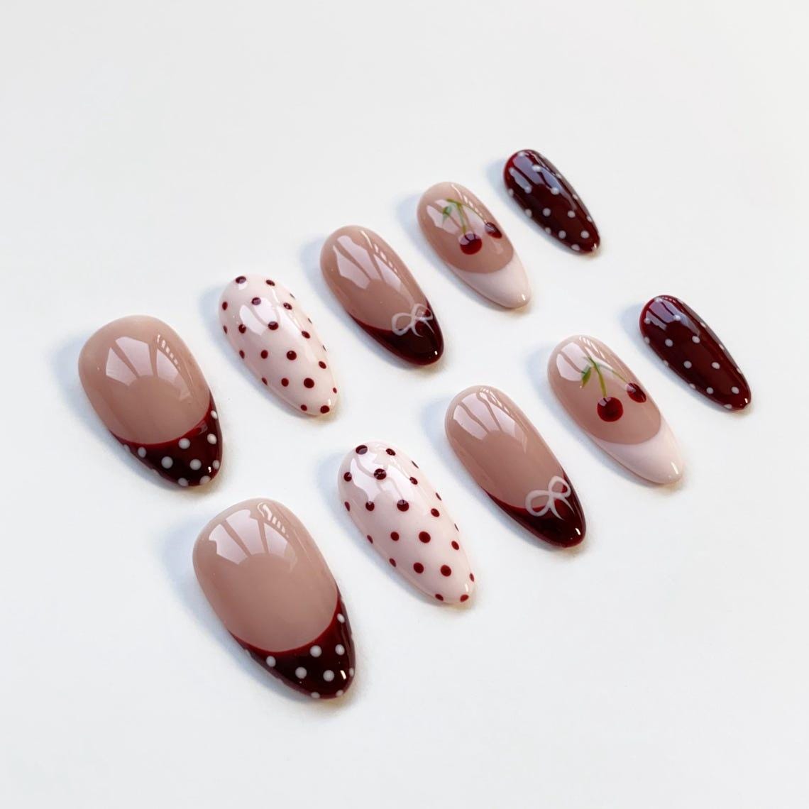 Burgundy Polka Dot, Cherry and Bow Nail Set