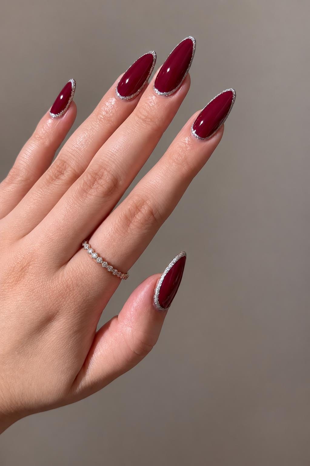 Burgundy Press-On Nails With Silver Glitter Frames