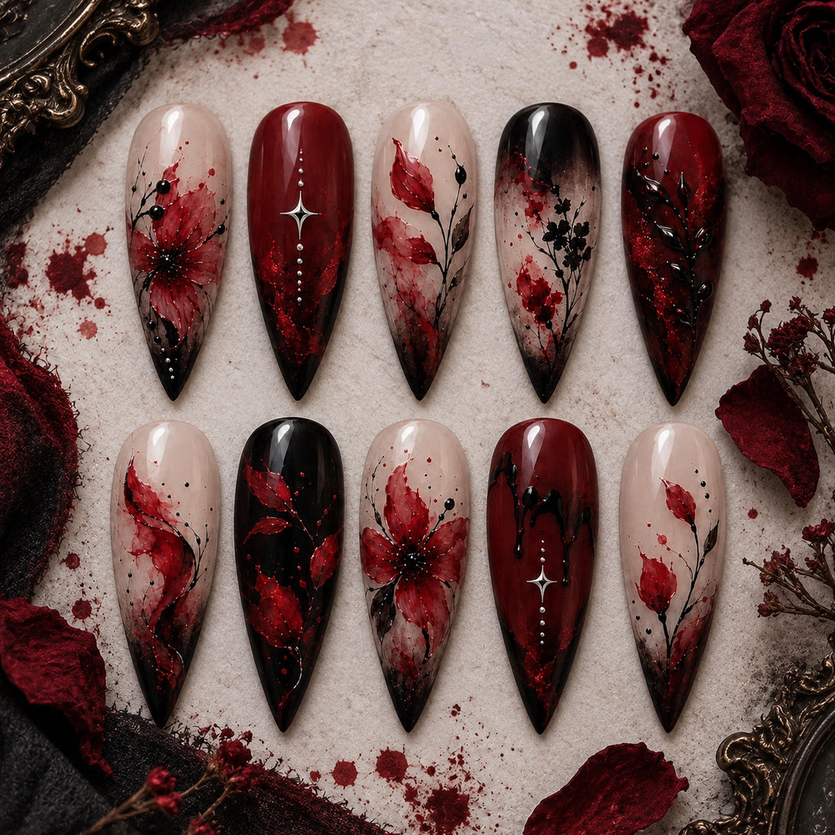 Burgundy Red and Black Gothic Floral Press On Nail Set