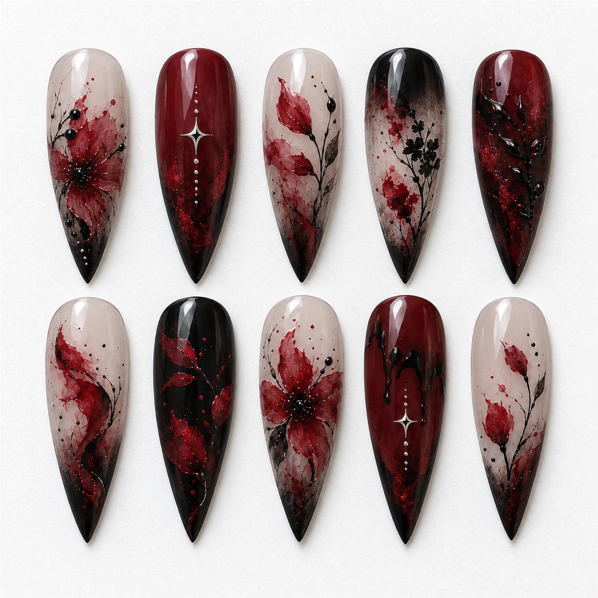 Burgundy Red and Black Gothic Floral Press On Nail Set