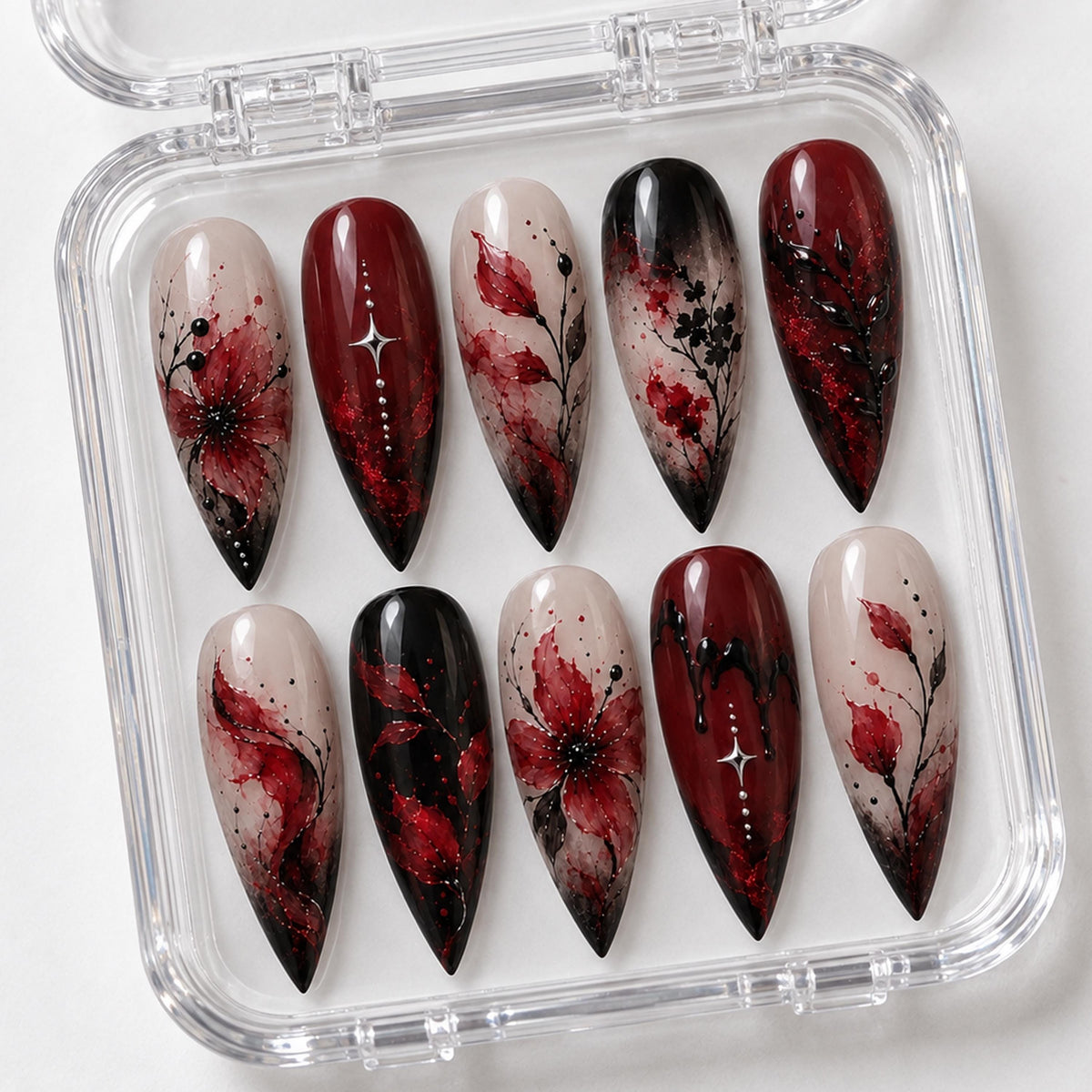 Burgundy Red and Black Gothic Floral Press On Nail Set