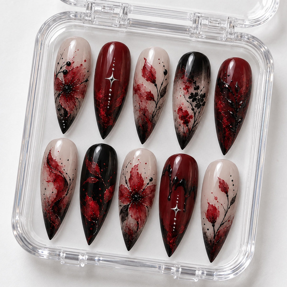 Burgundy Red and Black Gothic Floral Press On Nail Set