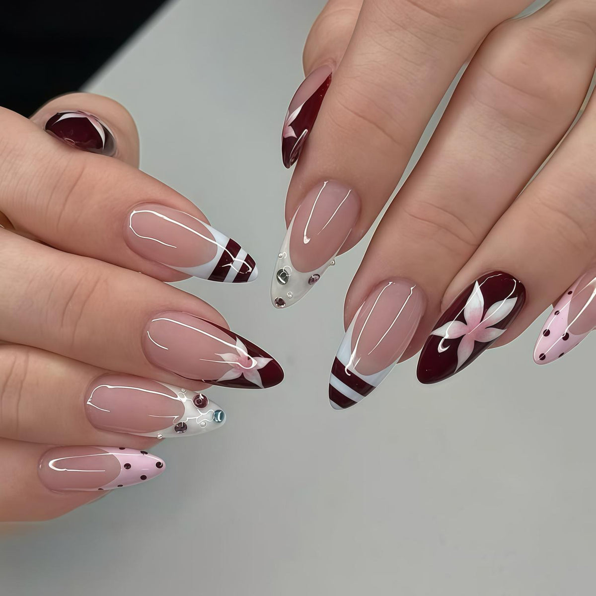 Burgundy Romance French Tip Nails With White Florals, Dots & Rhinestones for Date Night