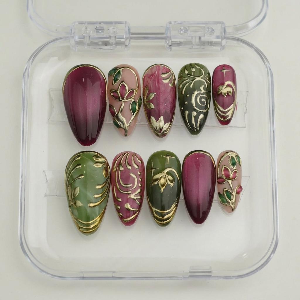 Burgundy, Rose & Sage Botanical Nails With Gold Scrollwork