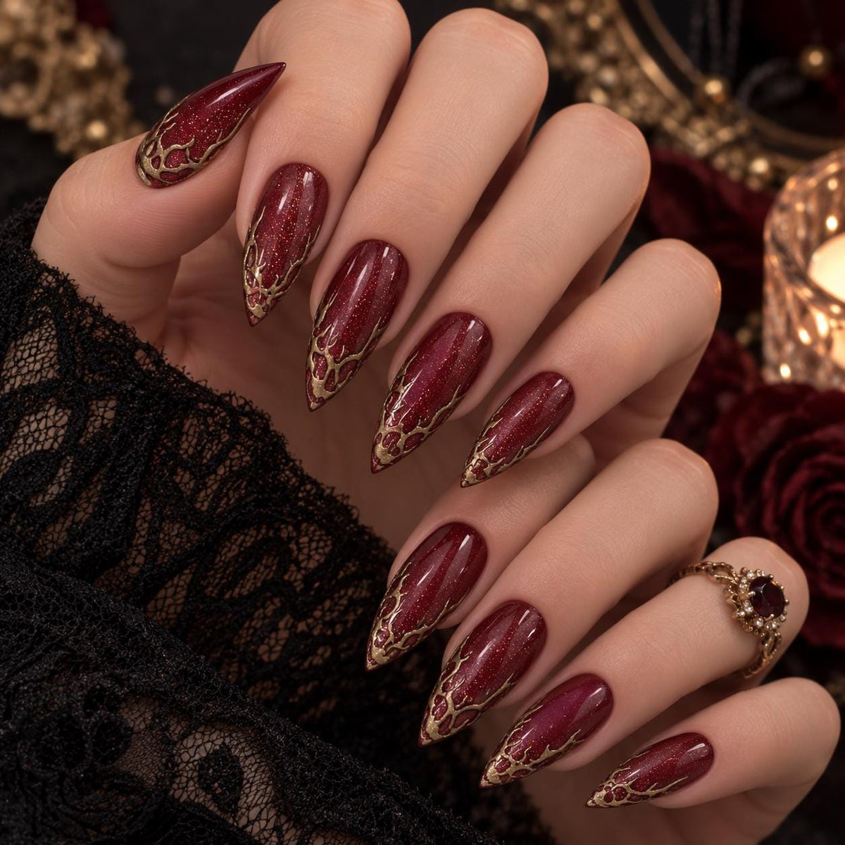Burgundy Shimmer Nails With Antique Gold Flame Tips