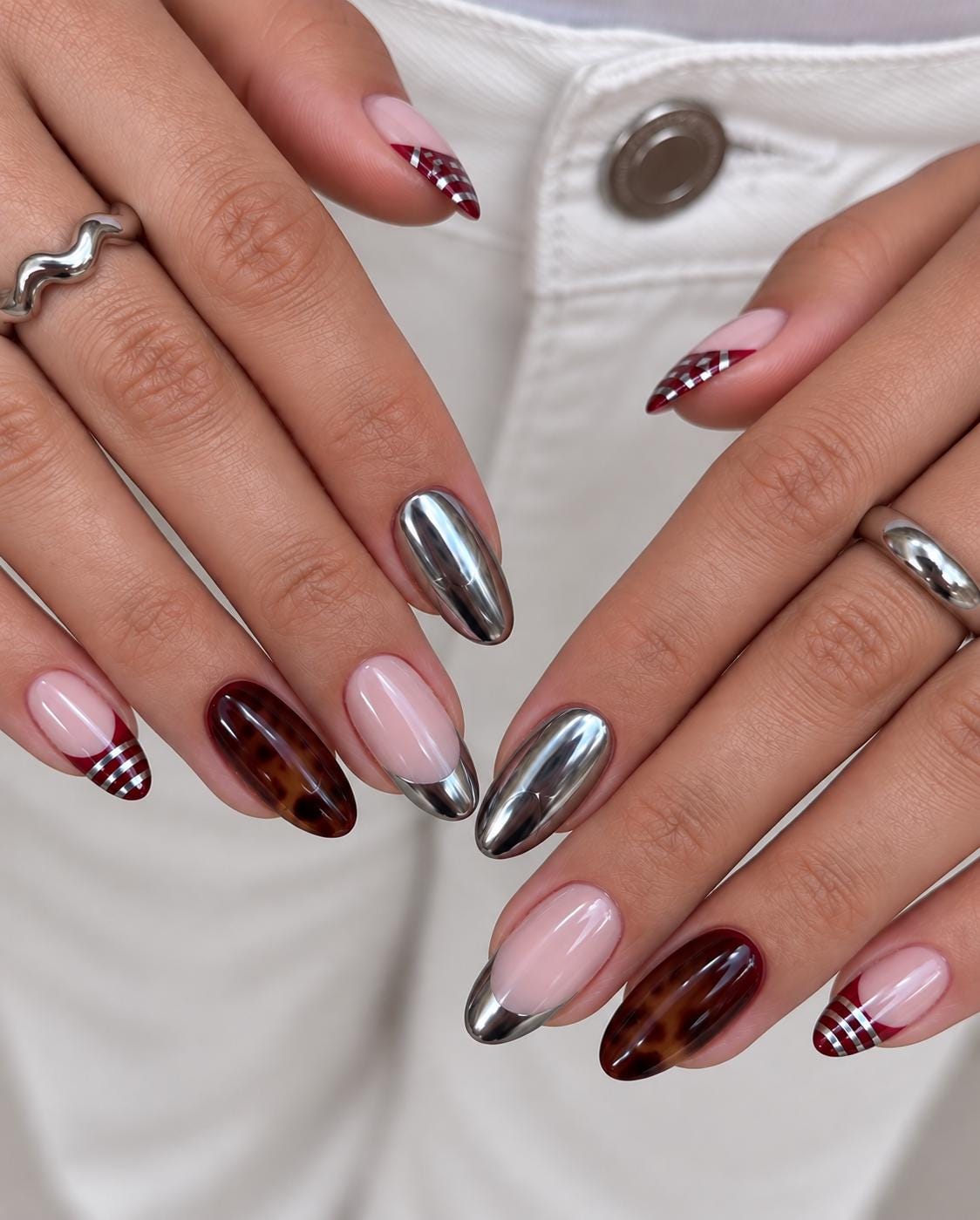 Burgundy Tortoiseshell, Silver Chrome & Plaid Fall Winter Nails