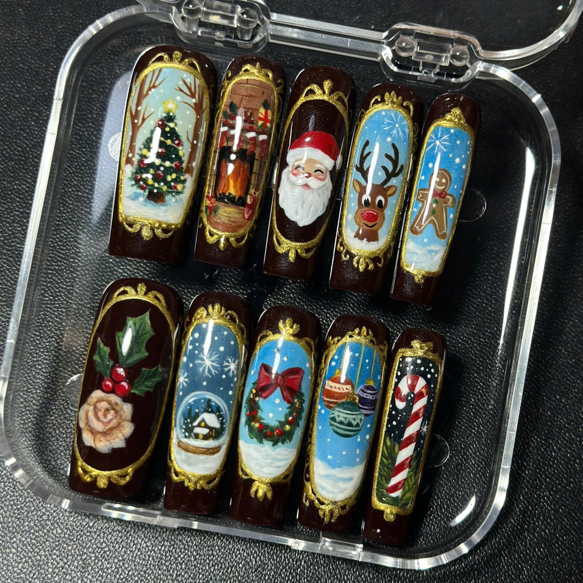 Burgundy Vintage Christmas Nail Set With Gold-Framed Holiday Scenes