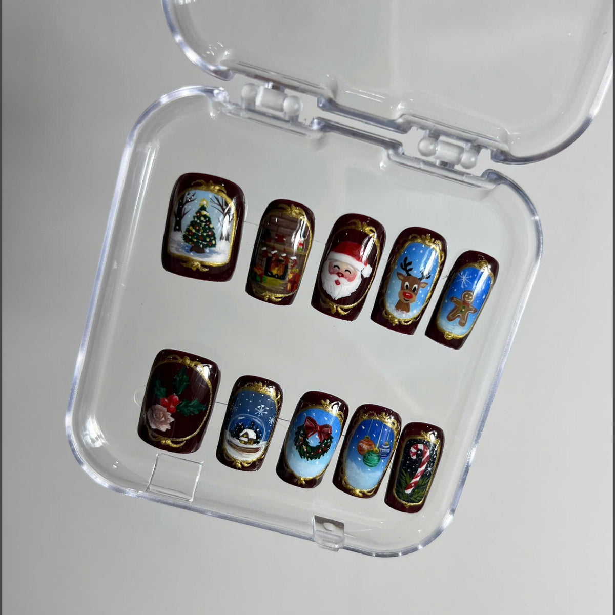 Burgundy Vintage Christmas Nail Set With Gold-Framed Holiday Scenes