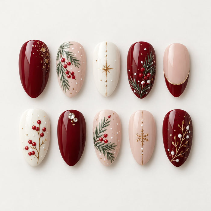 Burgundy Winterberry Garland Nails With Evergreen Sprigs and Gold Details