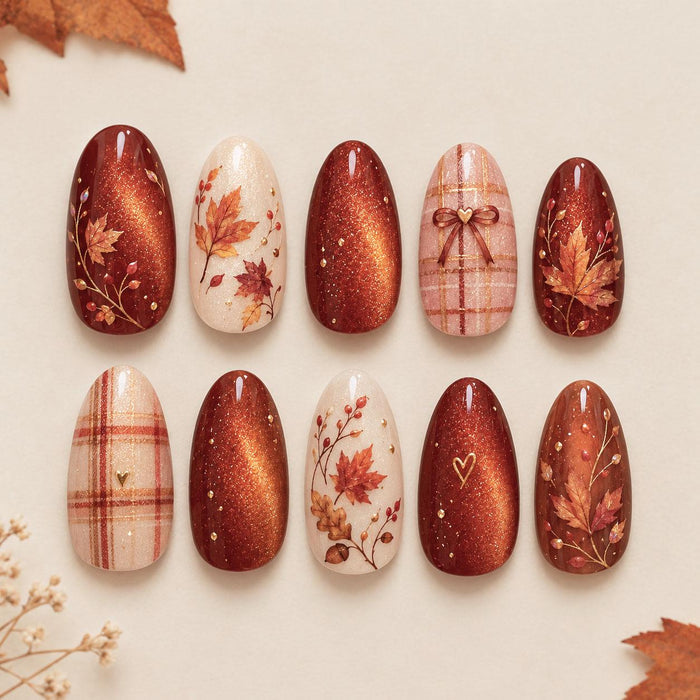 Burnt Orange Cat-Eye Press On Nails With Autumn Leaves and Plaid