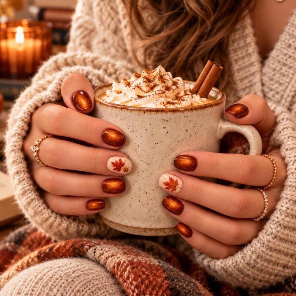 Burnt Orange Copper Cat Eye Nails With Autumn Maple Leaf Accents