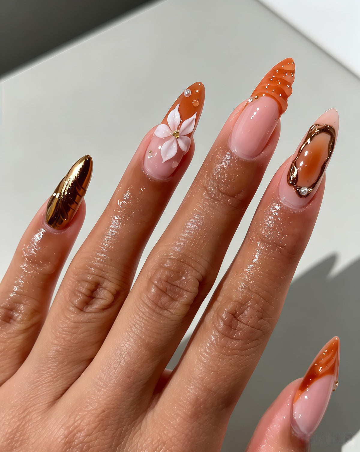 Burnt Orange Floral Press On Nails With Gold Outlines, Pearls & Rhinestones