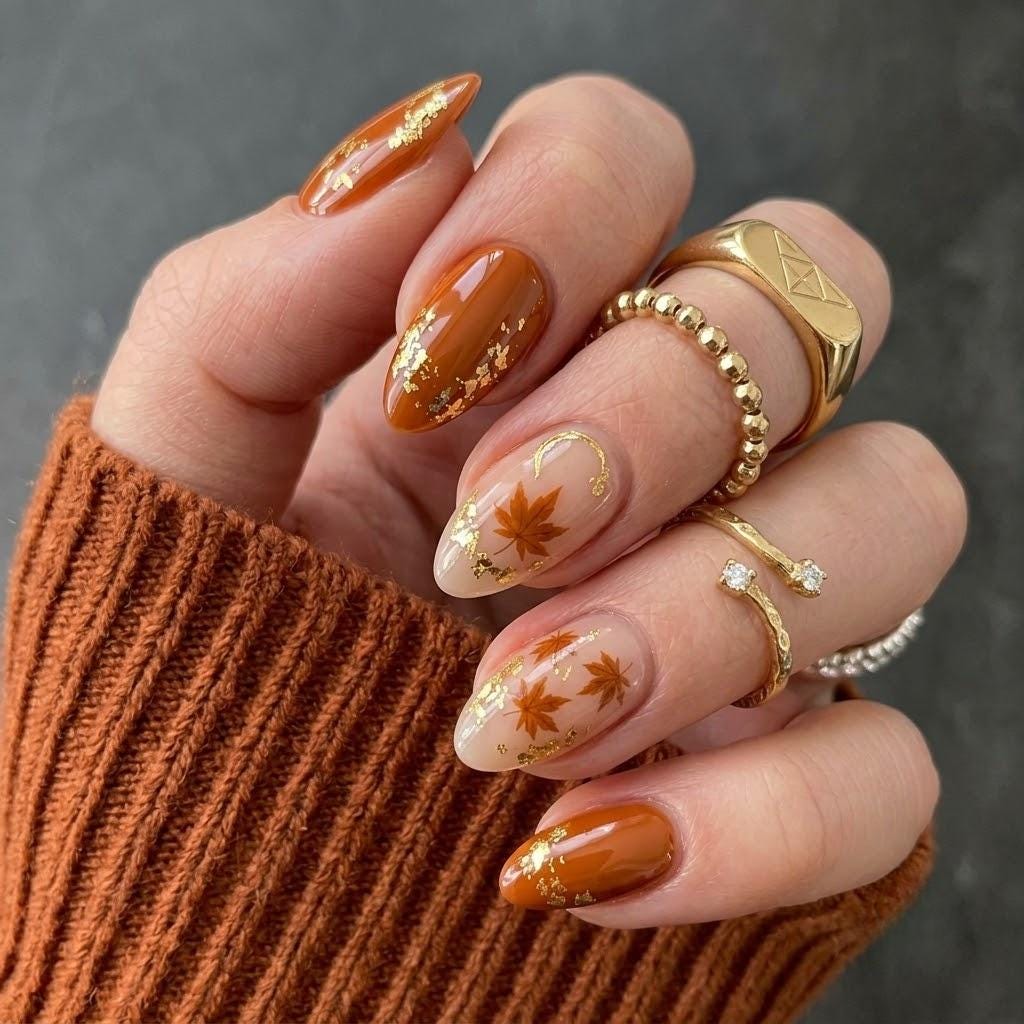 Burnt Orange Maple Leaf and Gold Foil Thanksgiving Fall Nail Set