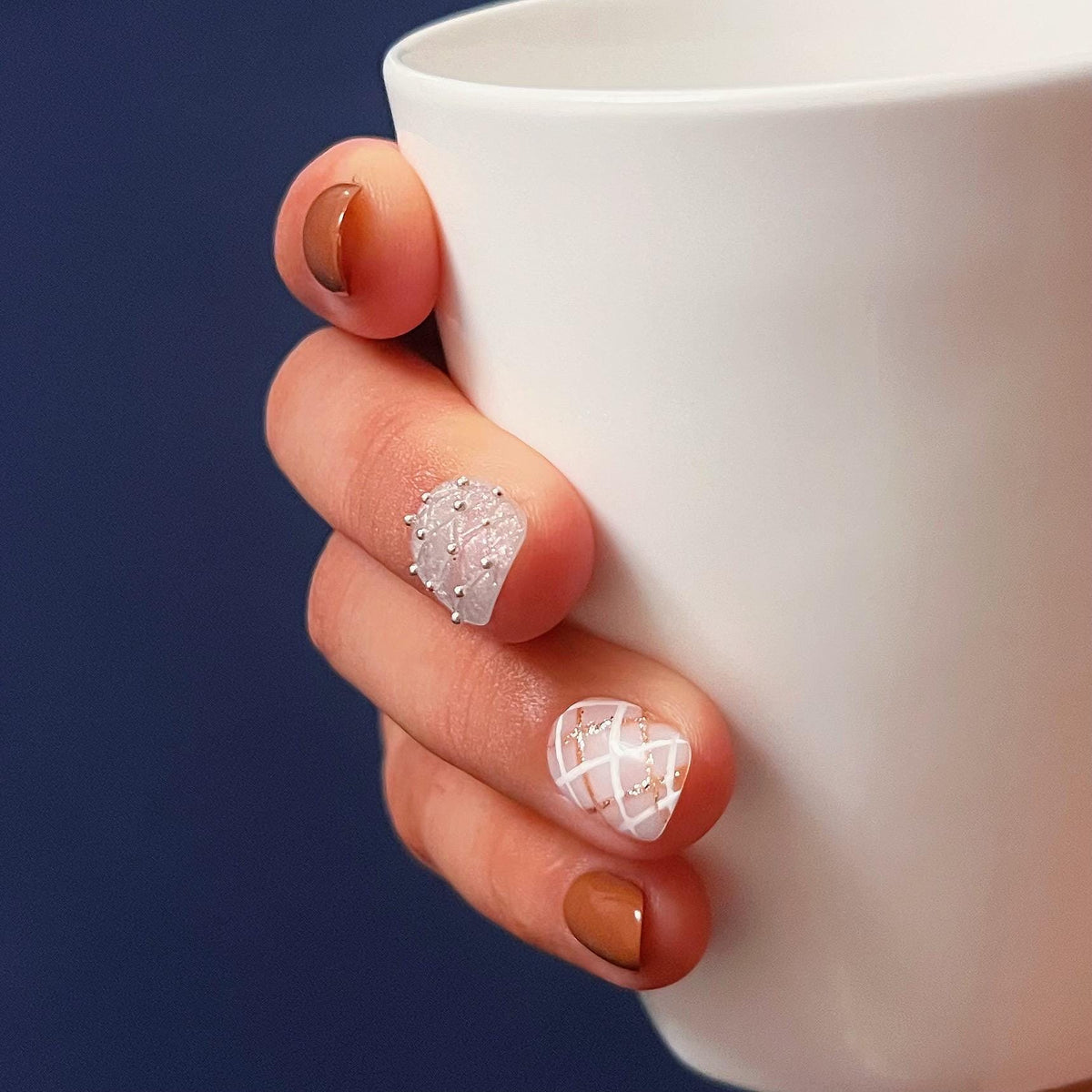 Burnt Orange Plaid Fall Press On Nails with Textured Silver Accents