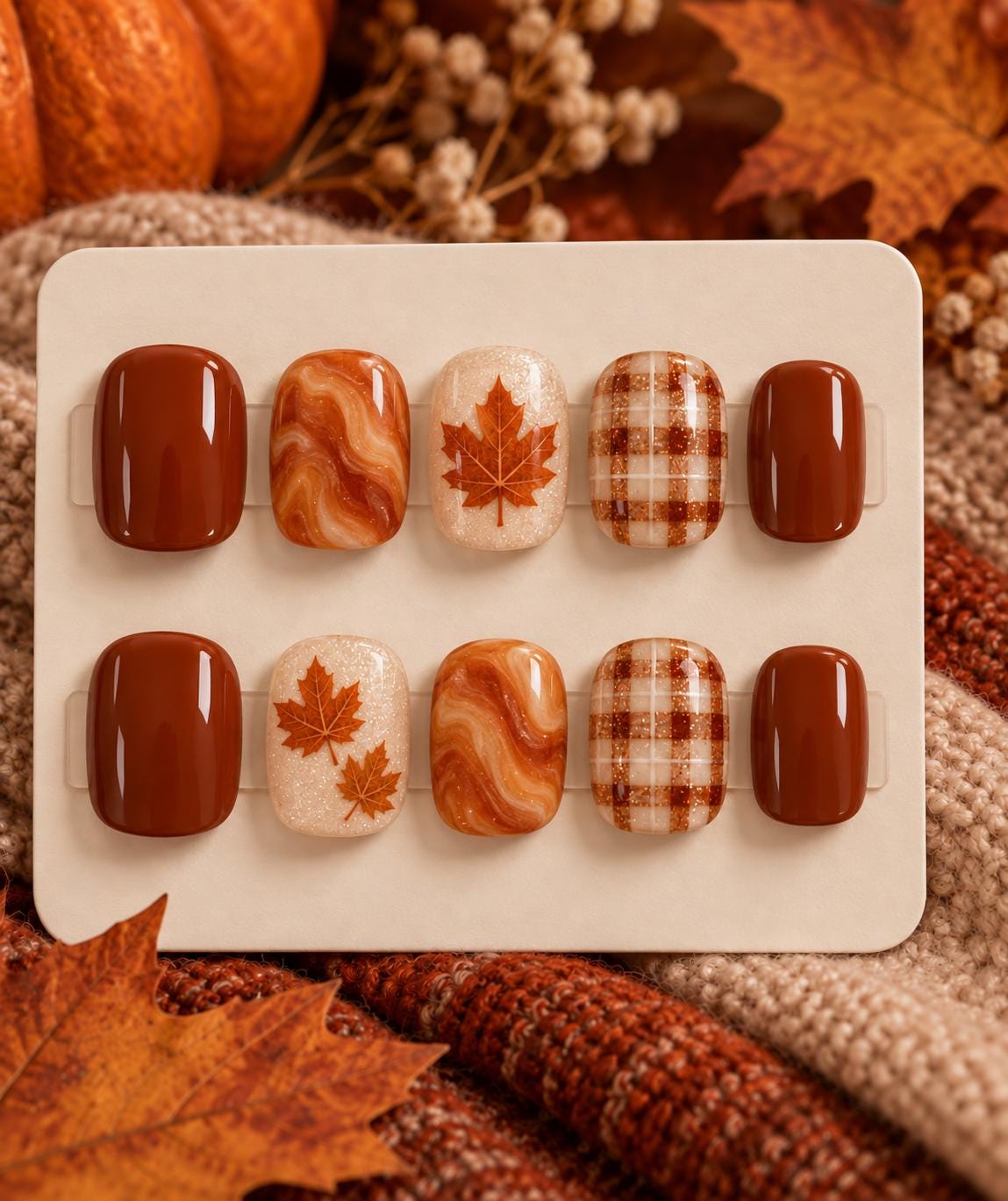Burnt Orange Plaid, Maple Leaf, and Amber Marble Fall Nail Set