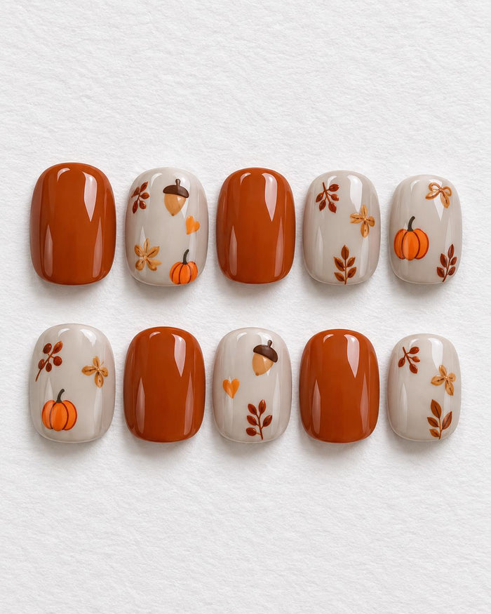 Burnt Orange Pumpkin, Acorn and Autumn Leaf Press On Nail Set