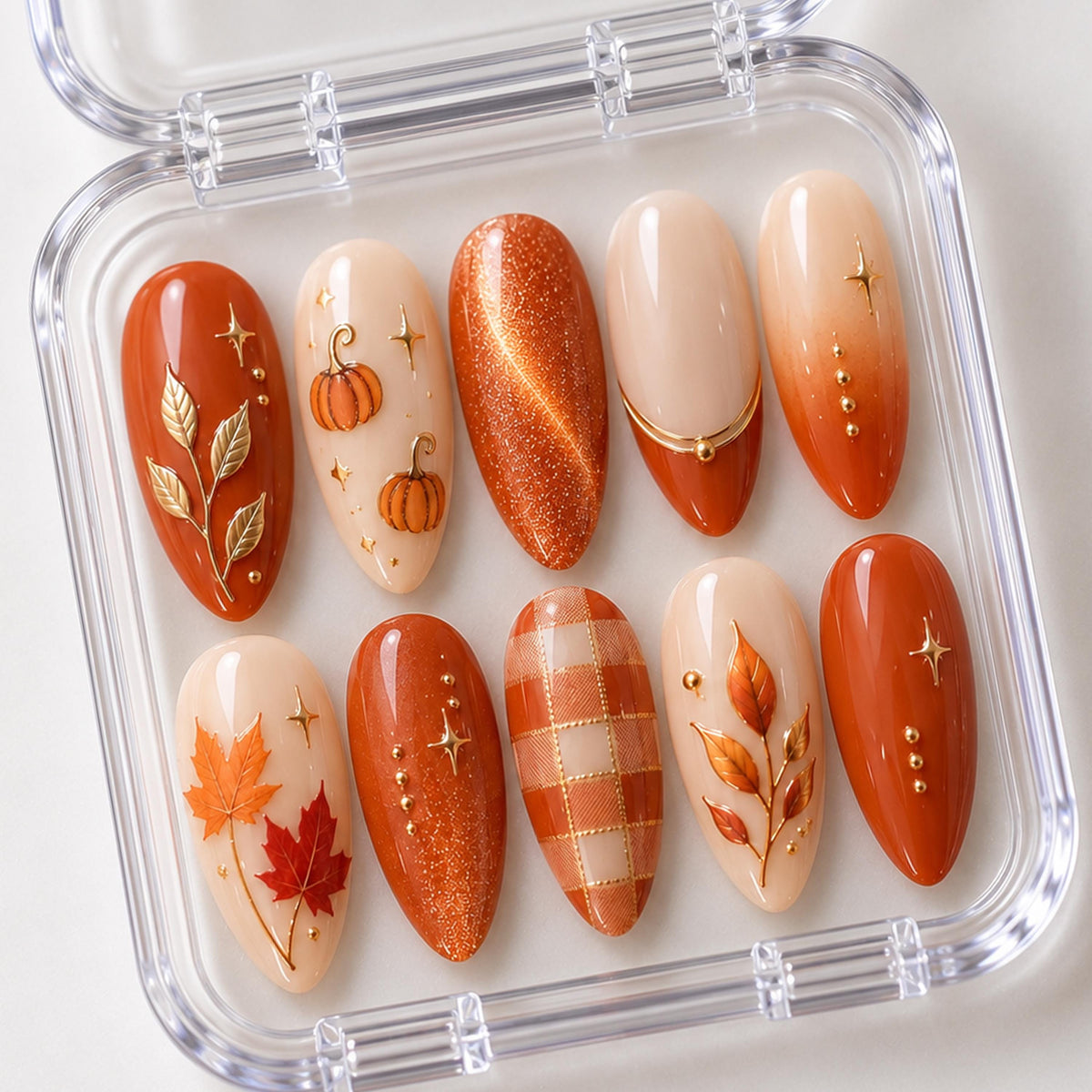 Burnt Orange Pumpkin and Autumn Leaf Press-On Nail Set