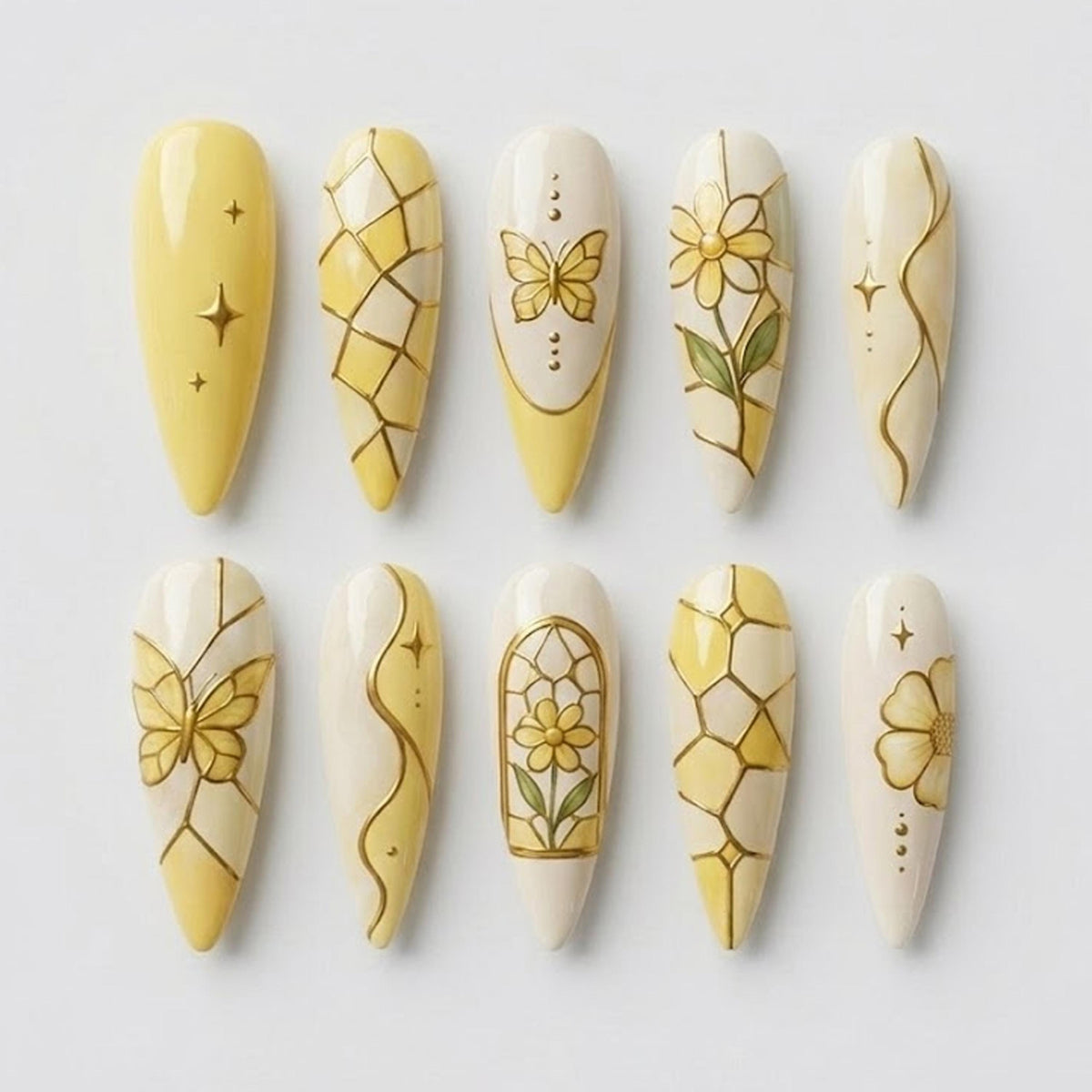 Butter Yellow and Ivory Stained Glass Butterfly Floral Nail Set