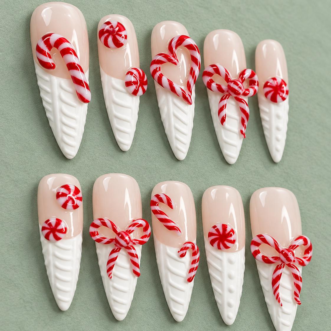 Candy Cane and Peppermint Christmas Nails With Raised Sweater Tips and Bows