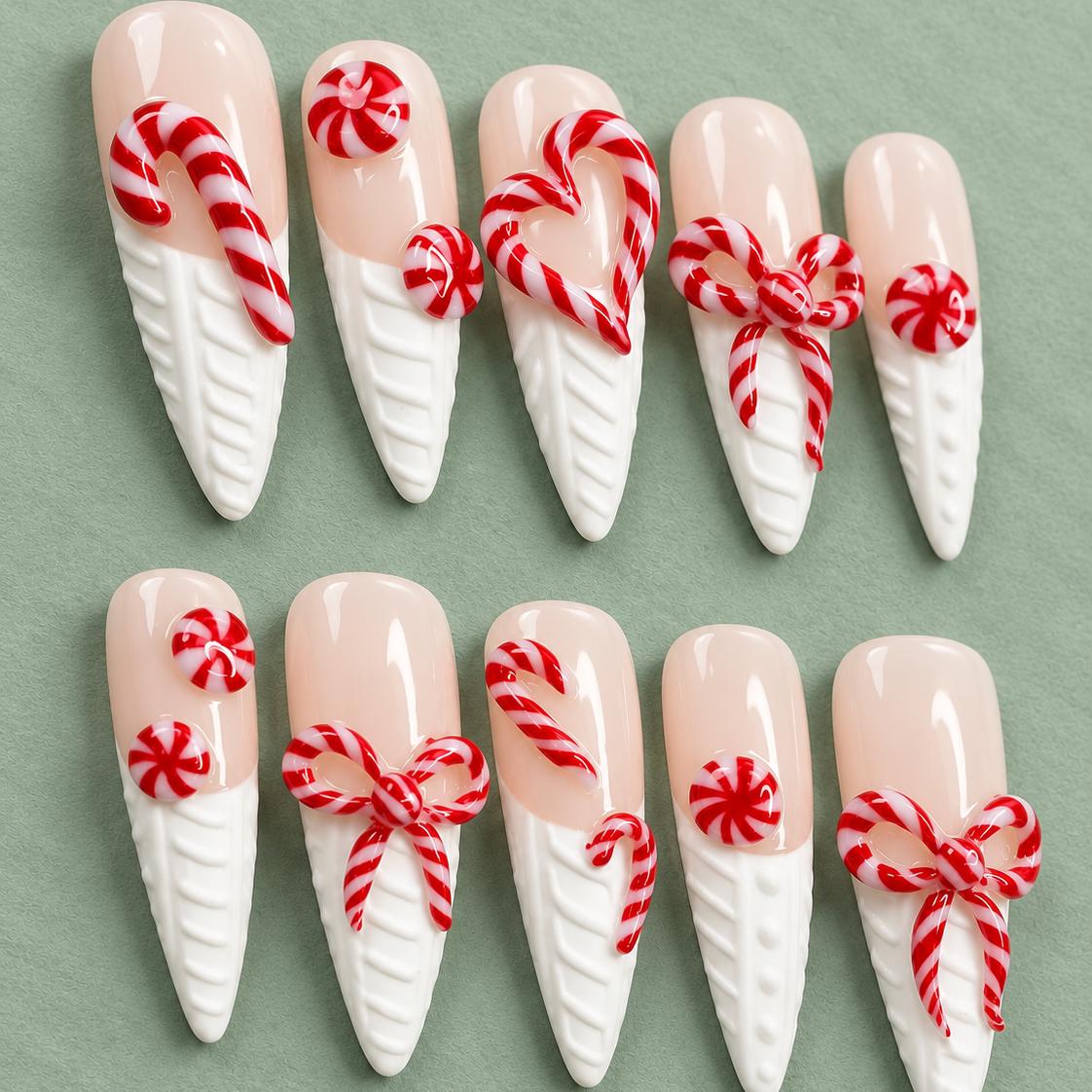 Candy Cane and Peppermint Christmas Nails With Raised Sweater Tips and Bows