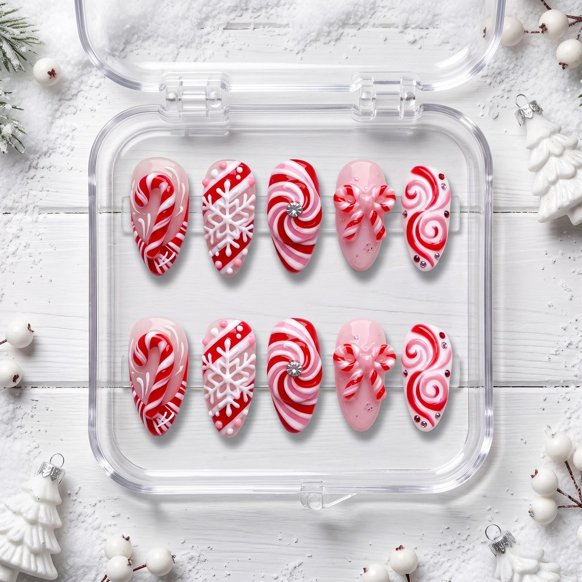 Candy Cane and Peppermint Swirl Snowflake Nails With Bows