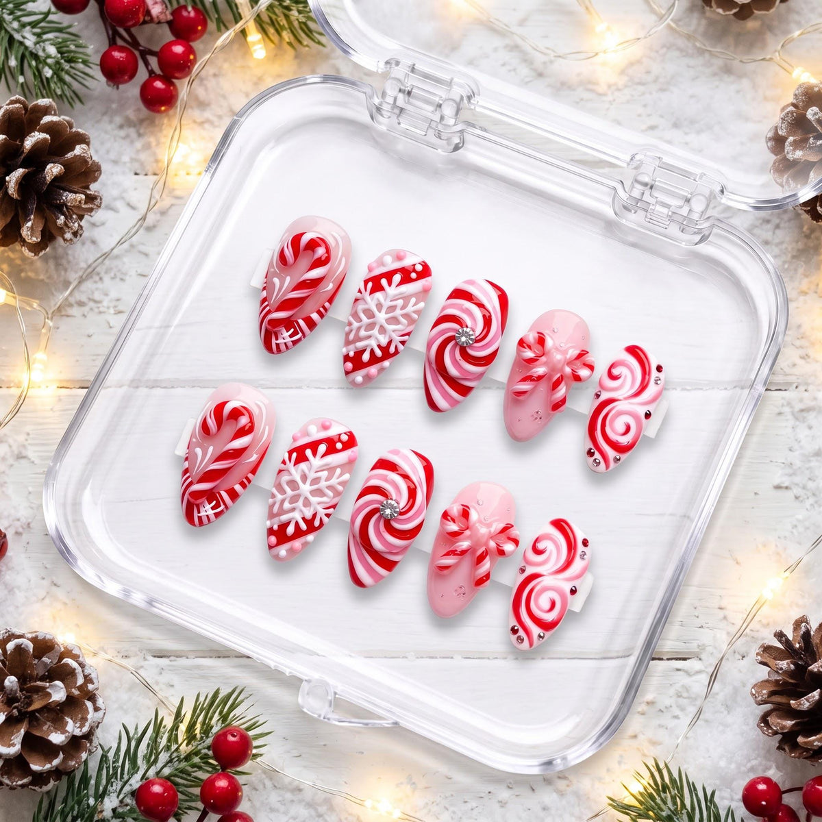 Candy Cane and Peppermint Swirl Snowflake Nails With Bows