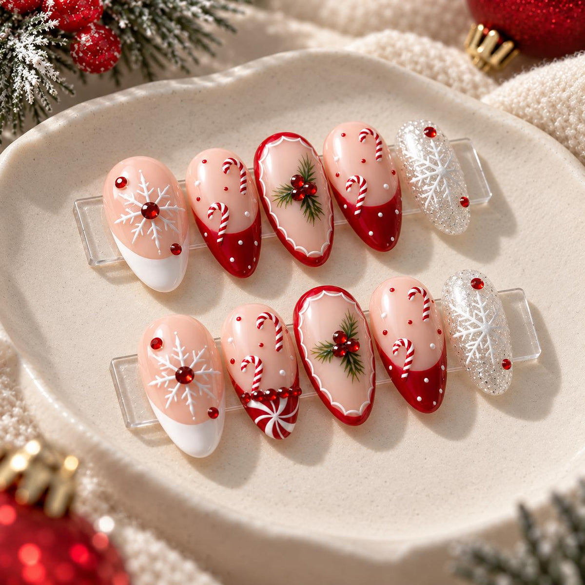Candy Cane and Snowflake Christmas Press-On Nail Set