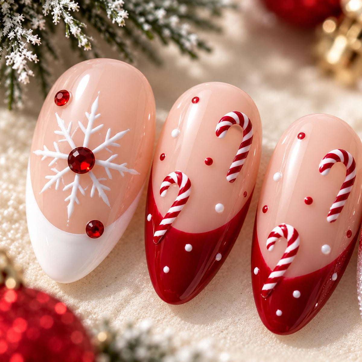 Candy Cane and Snowflake Christmas Press-On Nail Set