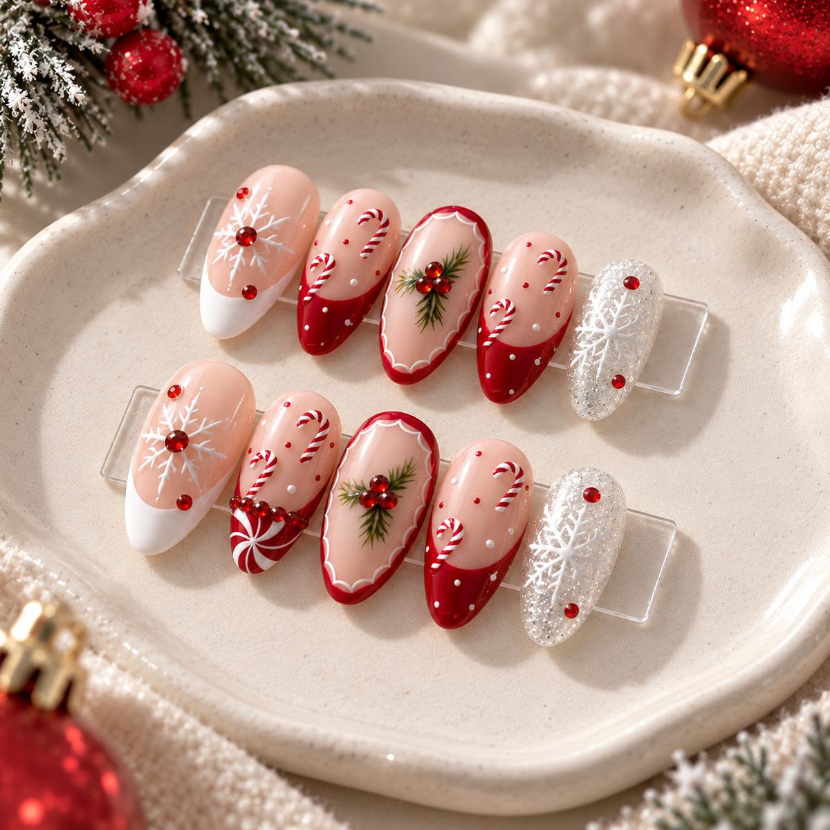 Candy Cane and Snowflake Christmas Press-On Nail Set