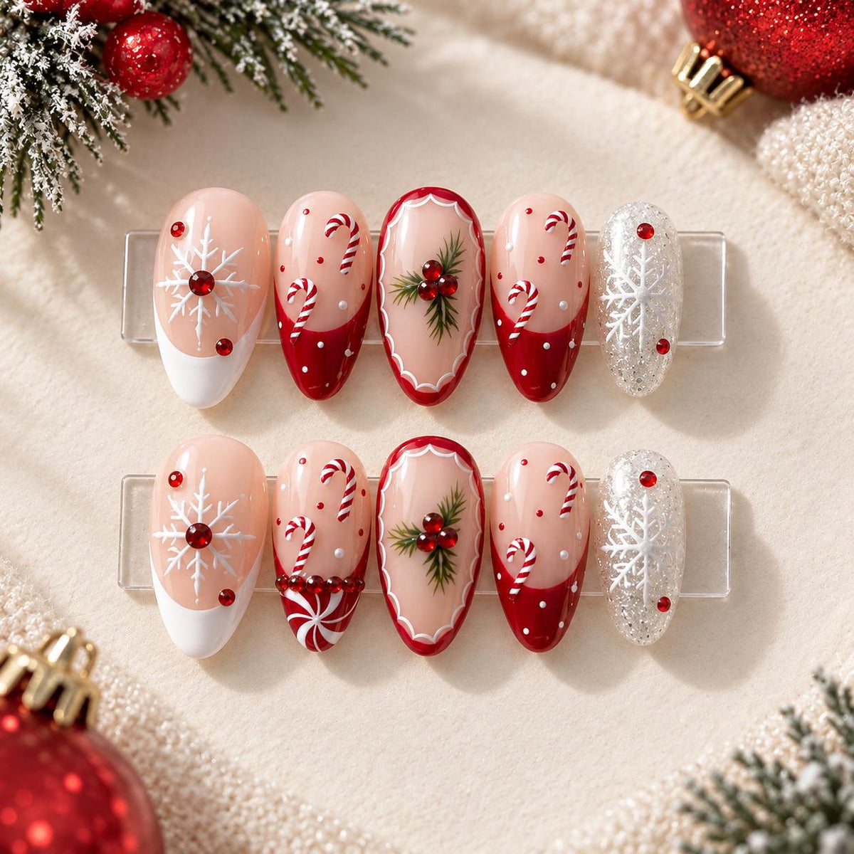 Candy Cane and Snowflake Christmas Press-On Nail Set