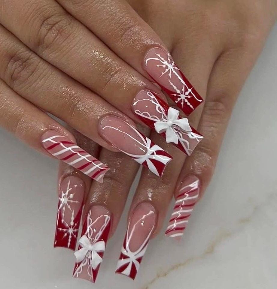 Candy Cane, Snowflake & Bow Christmas Press On Nails