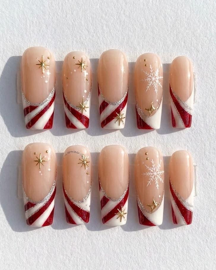 Candy Cane Stripe Christmas Nails with Silver Glitter and Gold Starbursts