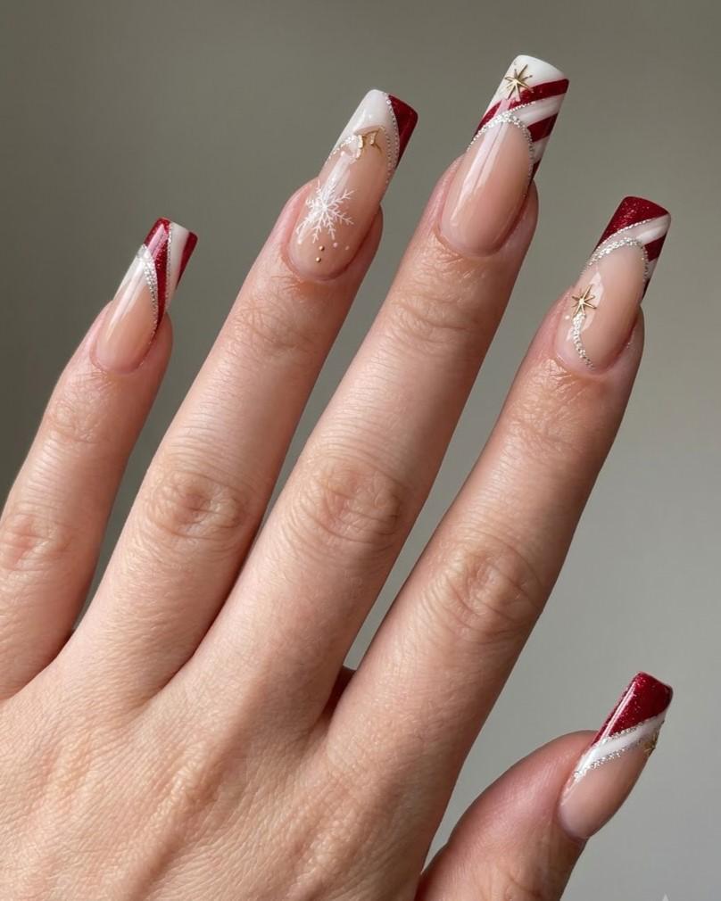 Candy Cane Stripe Christmas Nails with Silver Glitter and Gold Starbursts