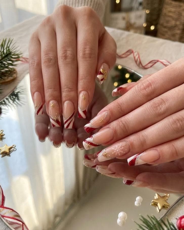 Candy Cane Stripe Christmas Nails with Silver Glitter and Gold Starbursts