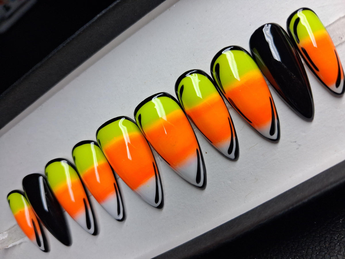 Candy Corn Halloween Press On Nails With Black Line Art