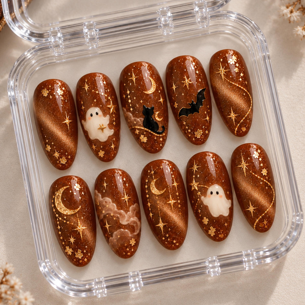Caramel Copper Halloween Nails With Ghosts, Cats, Bats, and Celestial Stars