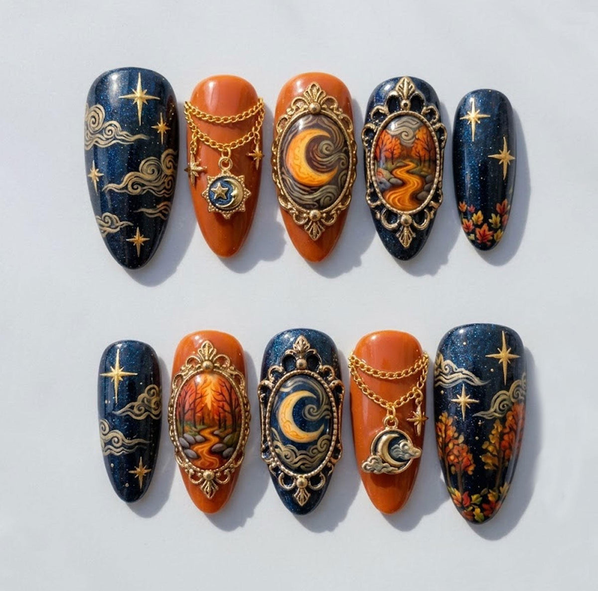Celestial Autumn Press On Nails With Gold-Framed Moon and Forest Scenes