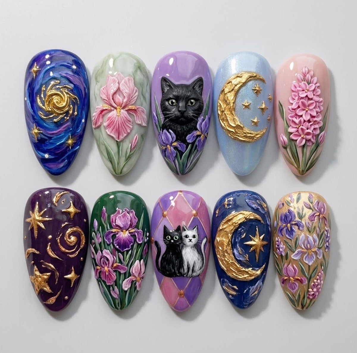 Celestial Cat and Sculpted Flower Press-On Nails in Blue, Purple, and Gold