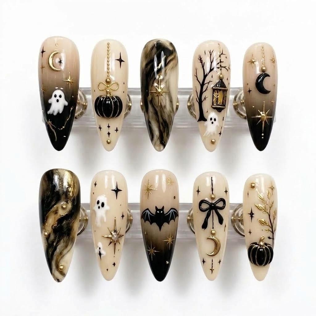Celestial Halloween Press-On Nails with Ghost, Pumpkins, Bats, and Gold Details