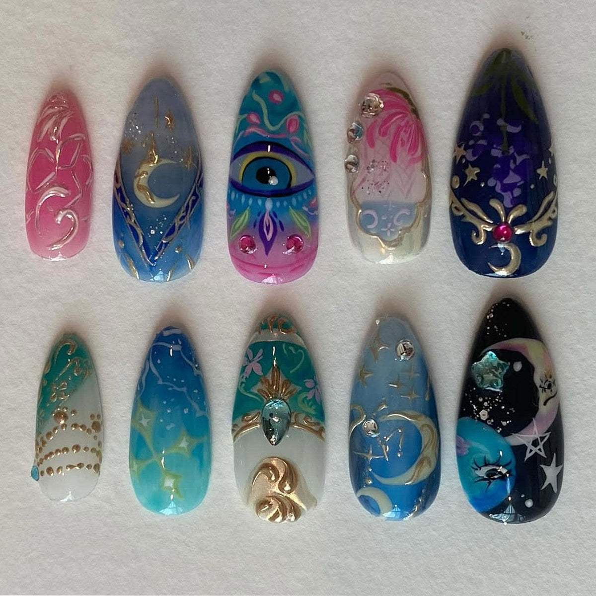 Celestial Moon and Evil Eye Nails With Stars and Gold Filigree