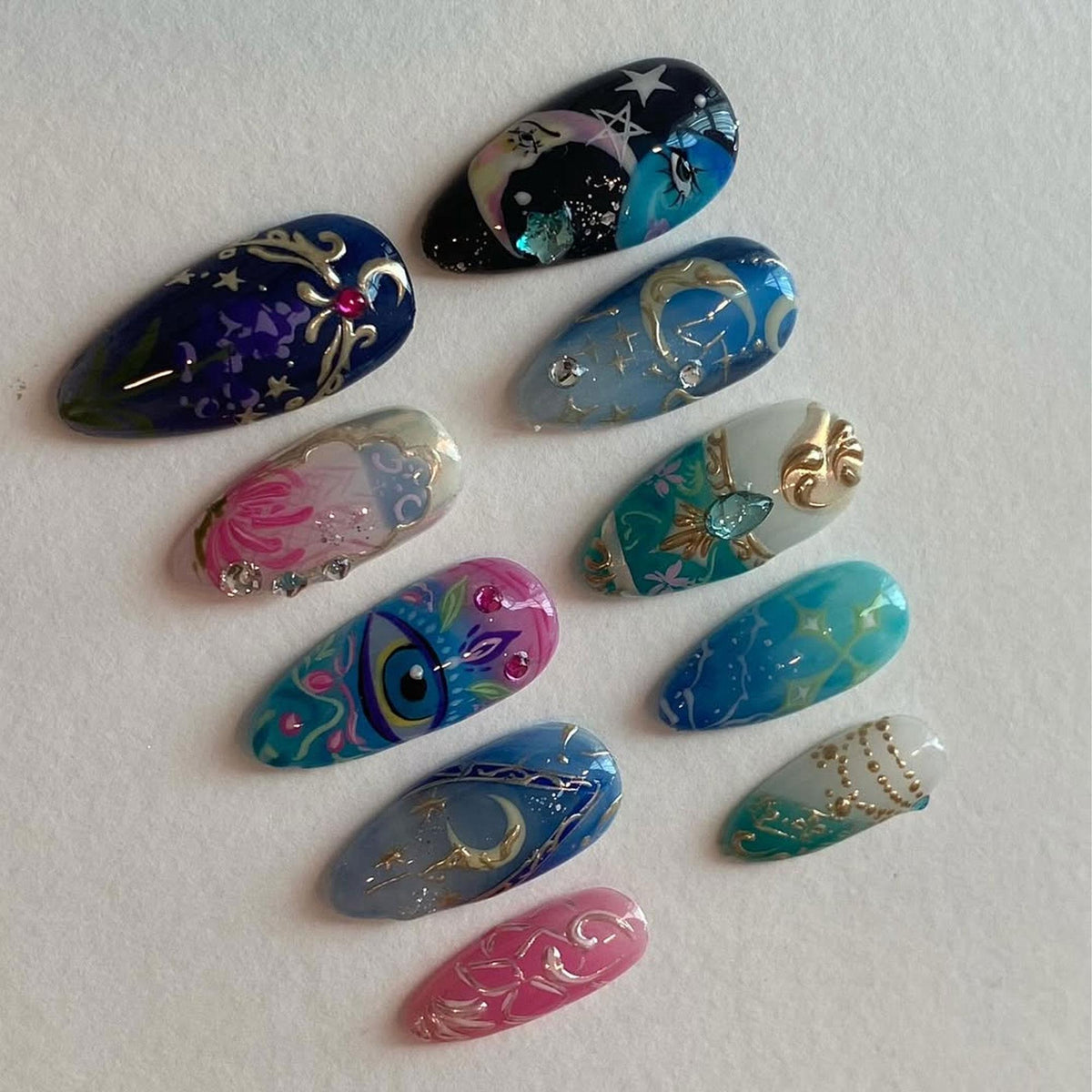 Celestial Moon and Evil Eye Nails With Stars and Gold Filigree