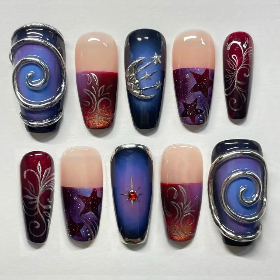 Celestial Purple and Burgundy Press-On Nails with Silver Swirls and Floral Details