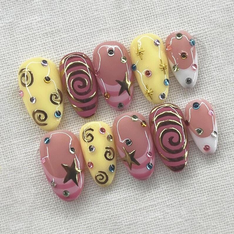 Celestial Star and Gold Chrome Swirl Press-On Nails