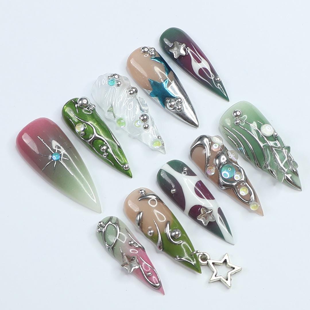 Celestial Star Press On Nails with Silver Swirls, Rhinestones and Star Charm